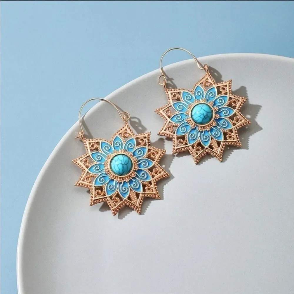 Earrings BOHO style Sunflower Turquoise